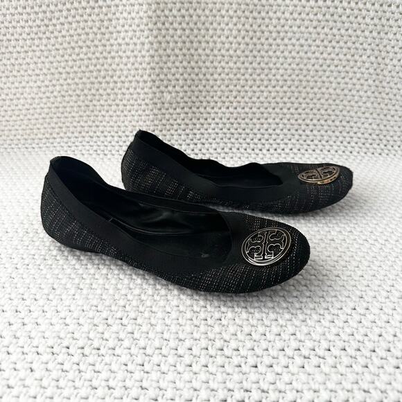 Tory Burch Black Gold Tweed Fabric Caroline Classic Reva Ballet Flats Shoes 6.5 - Picture 12 of 12